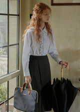 Silent Elegance Ruffle Classic Stripe Long Sleeve Blouse