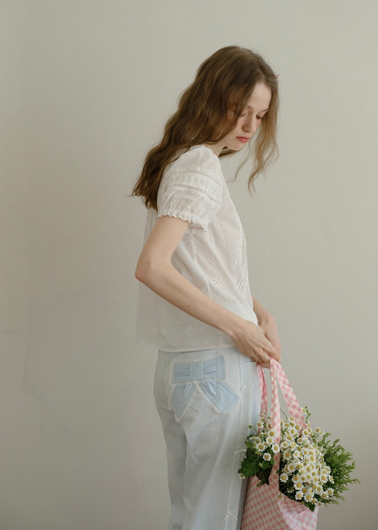 Evelyn Eyelet Blouse | Vintage White Cotton Shirt with Pintuck and Lace Collar