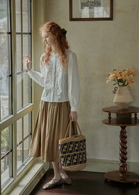 White Embroidered Vintage Long Sleeve Blouse