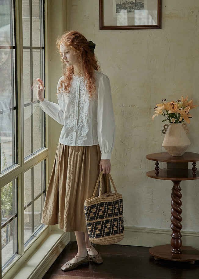White Embroidered Vintage Long Sleeve Blouse