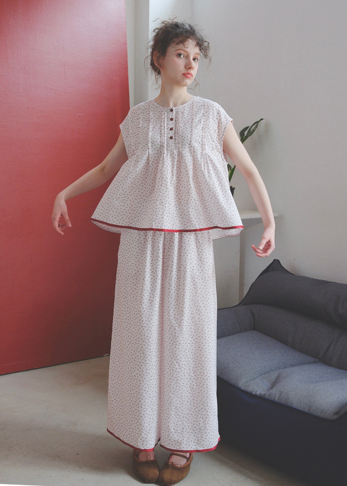 Soft Rouge Cotton Pajama Set Floral Loose Cape Top Long Lounge Set