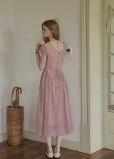 Soft Gathered Front Ruffle Pink A-Line Long Dress