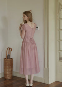 Soft Gathered Front Ruffle Pink A-Line Long Dress