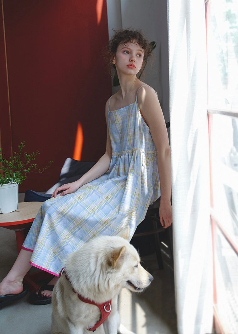 Faded Blue Reverie Check Cotton Slip Nightdress