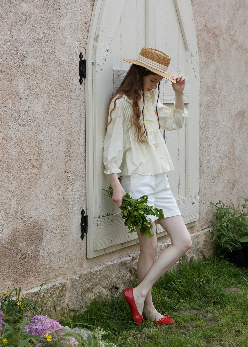 Light Yellow Ribbon Pin-tuck Romantic Vintage Blouse