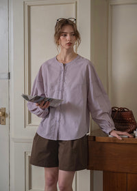 Aire Button Blouse | Minimal Volume Sleeve Round Neck Shirt(2COLOR)