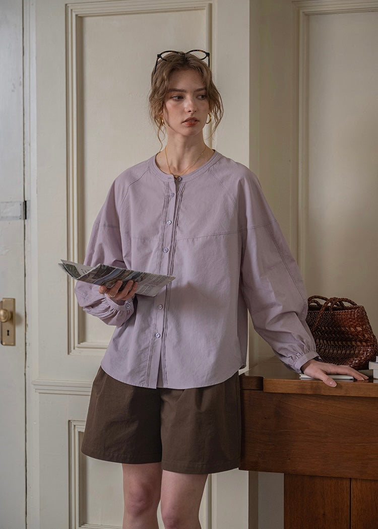 Aire Button Blouse | Minimal Volume Sleeve Round Neck Shirt(2COLOR)