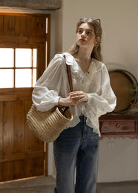 Romantic Ribbon Ruffle Vintage White Blouse