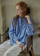 Vintage Blue Stand Collar Long Sleeve Blouse