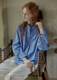 Vintage Blue Stand Collar Long Sleeve Blouse