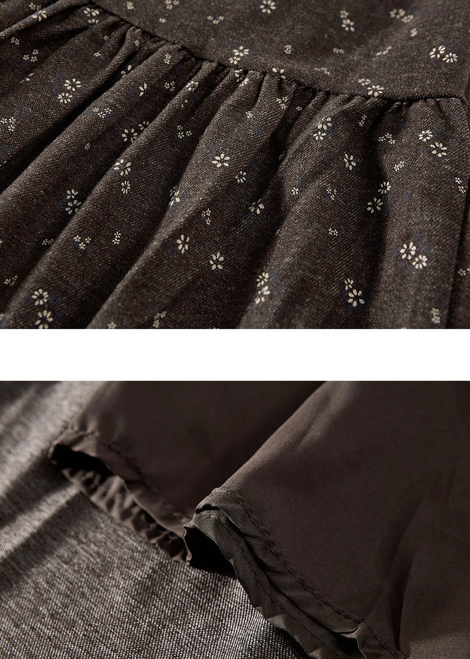 Brown Floral Tiered A-Line Long Skirt