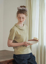 Morning Collar Knit Top Soft Vintage Short Sleeve Tee(2COLOR)