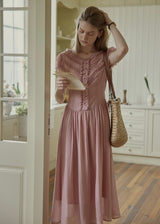 Soft Gathered Front Ruffle Pink A-Line Long Dress