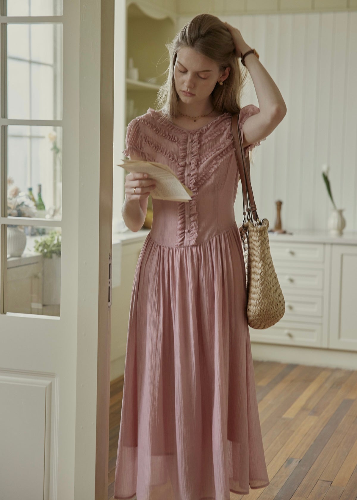 Soft Gathered Front Ruffle Pink A-Line Long Dress
