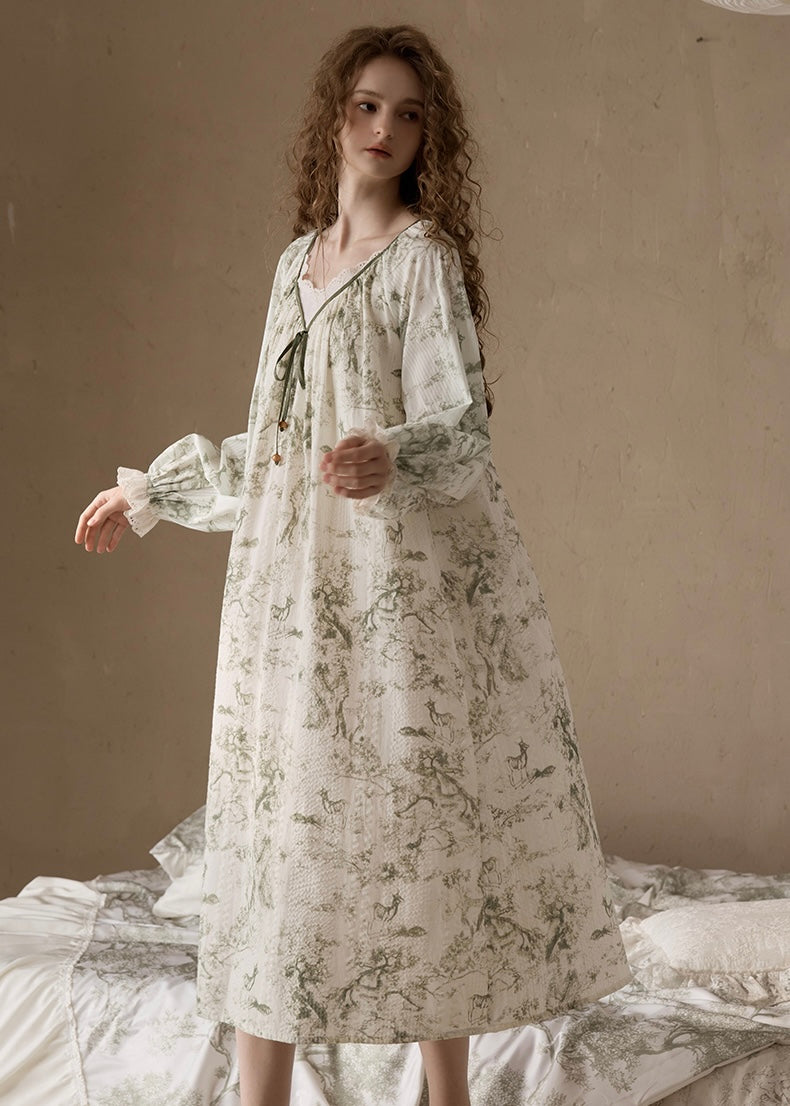Vintage Floral & Toile Print Long Sleeve Nightgown(2COLOR)