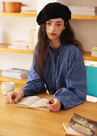 Vintage Blue Check Gathered Shirt
