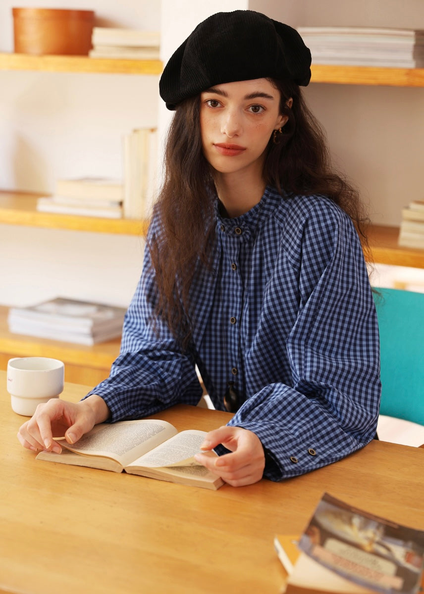 Vintage Blue Check Gathered Shirt