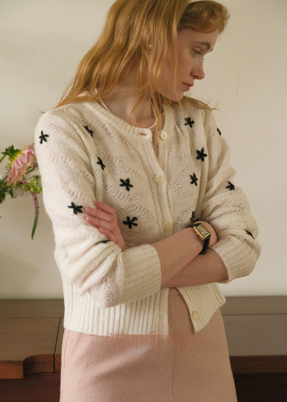Daisy Embroidered Vintage Cream Knit Wool Cardigan