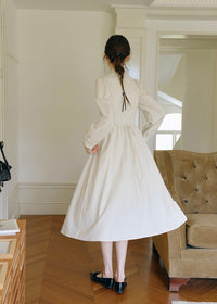 Vintage Cream beige Striped Velour Ribbon Collar Dress