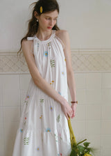 Field Whispers White Embroidered Halter Neck Dress