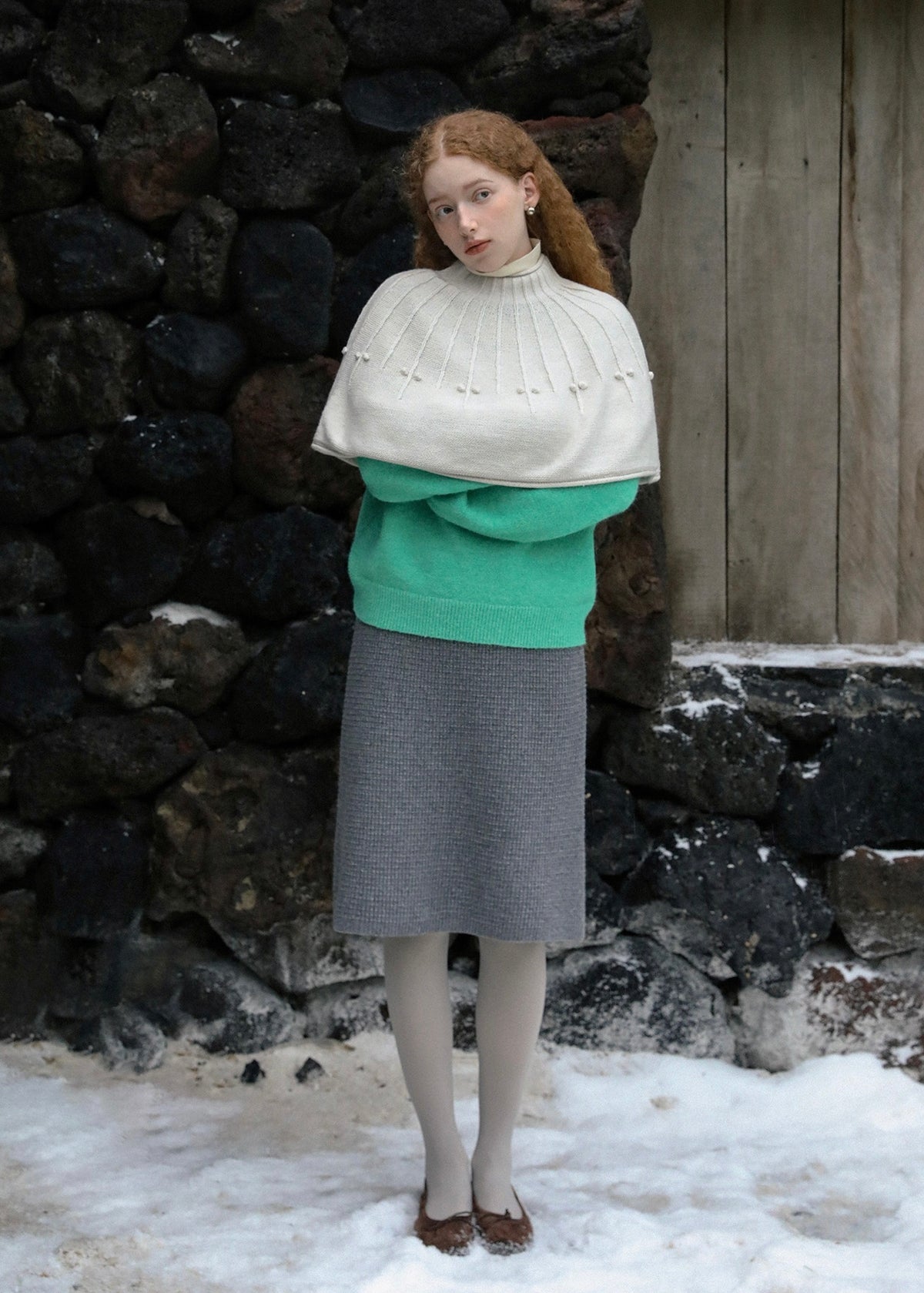 Dotted Ribbed Knit Capelet(2COLOR)