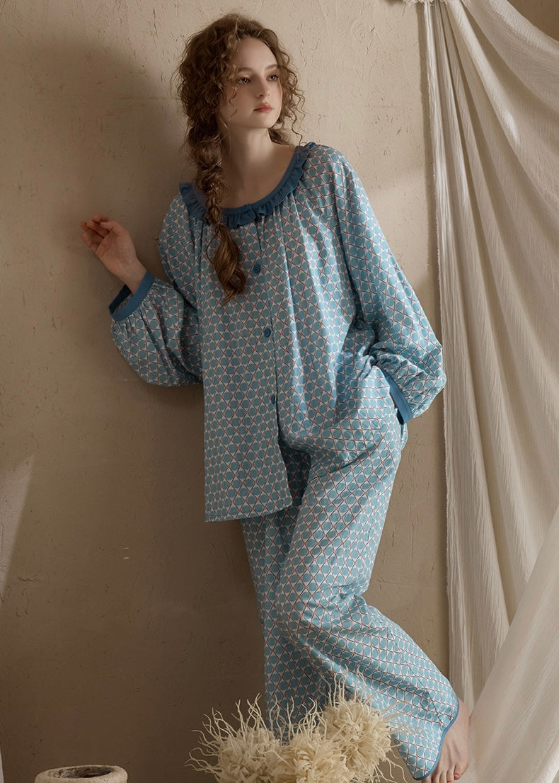 Retro Geometric Cotton Long Sleeve Women's Pajama Set(2COLOR)