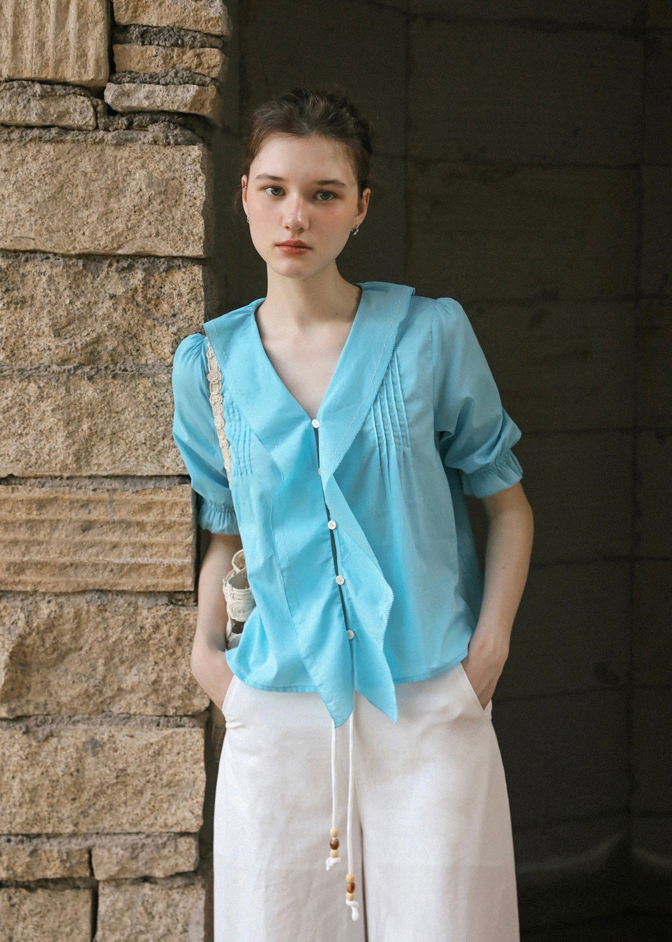 Azure Reverie Ruffle Collar Blouse