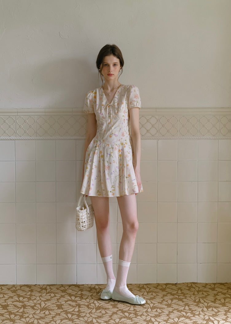 Blossom Ribbon Floral Puff Sleeve Mini Dress