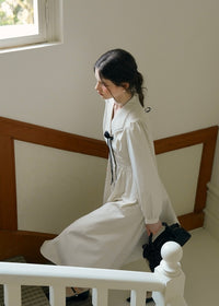 Vintage Cream beige Striped Velour Ribbon Collar Dress