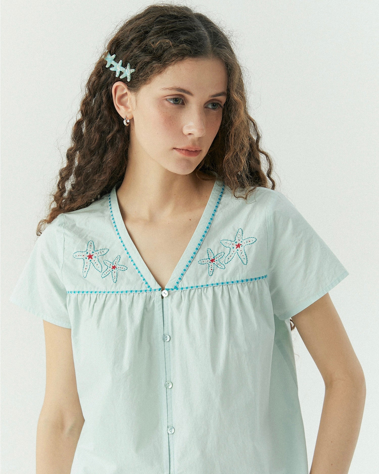 Seabreeze Starfish Embroidered Vintage Cotton Summer Blouse
