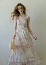 Rosette Waltz Tiered Floral Smocked Strap Dress