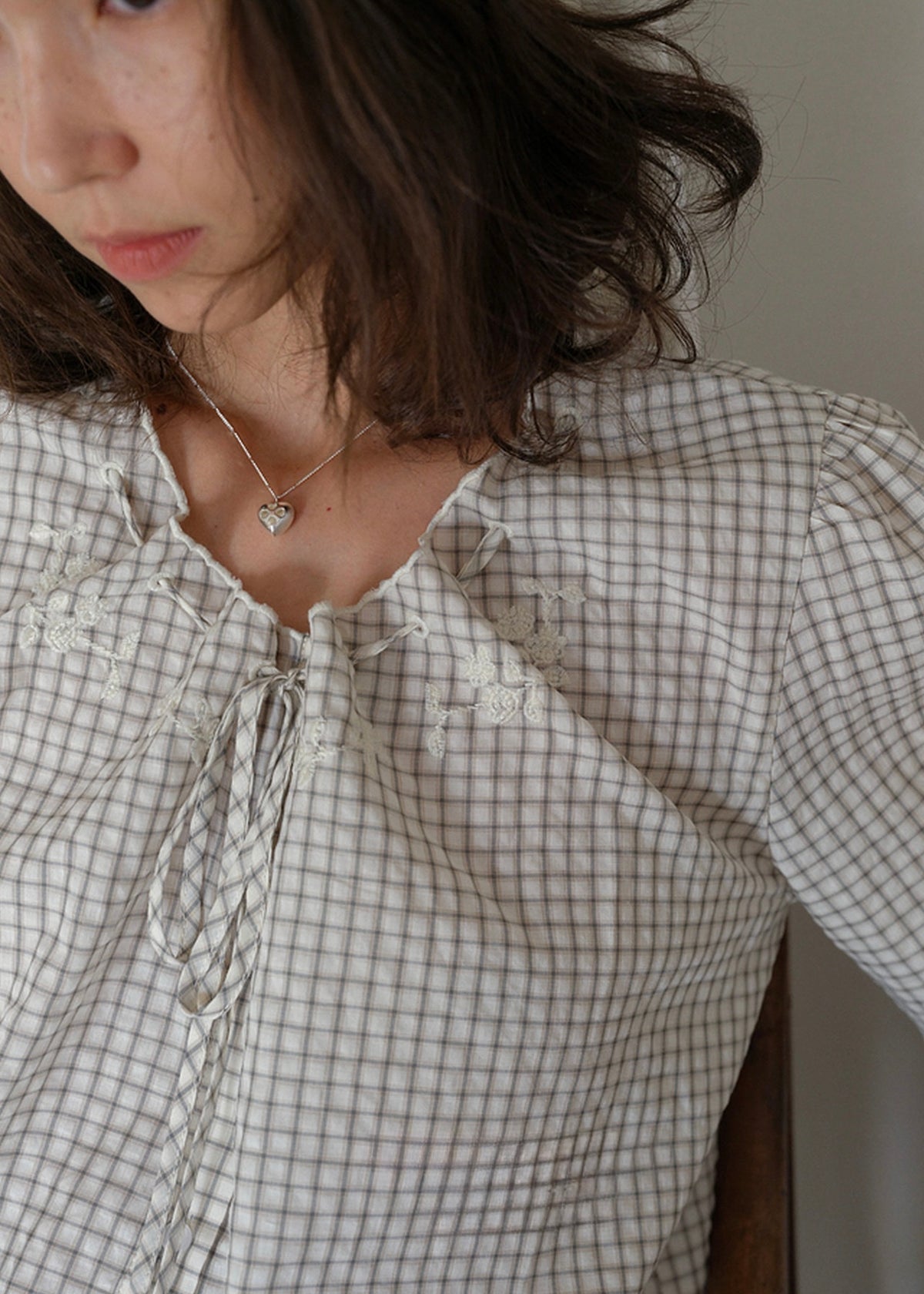 Vintage Gingham Embroidered Puff Sleeve Tie Front Blouse