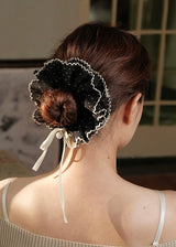 Polka Dot Lace Ruffle Bow Scrunchie Pearl Hair Tie
