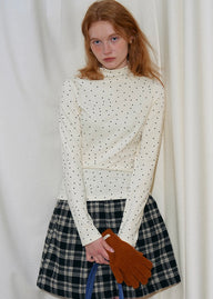 Cream Polka Dot Turtleneck Long Sleeve Top