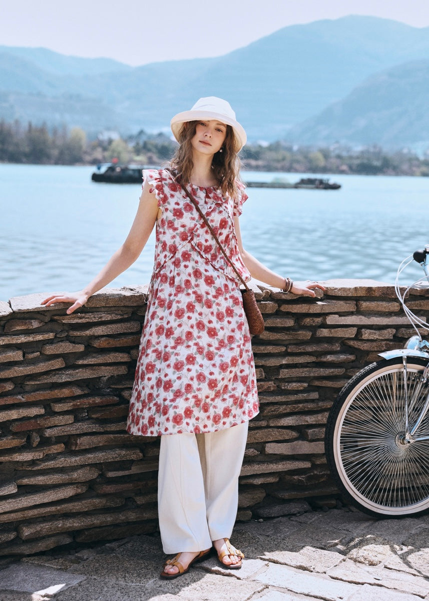 Rosalie Ruffle Floral Dress | Romantic Red Flower Midi Dress for Summer