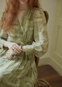 Vintage Sage Green Floral Wrap Maxi Dress