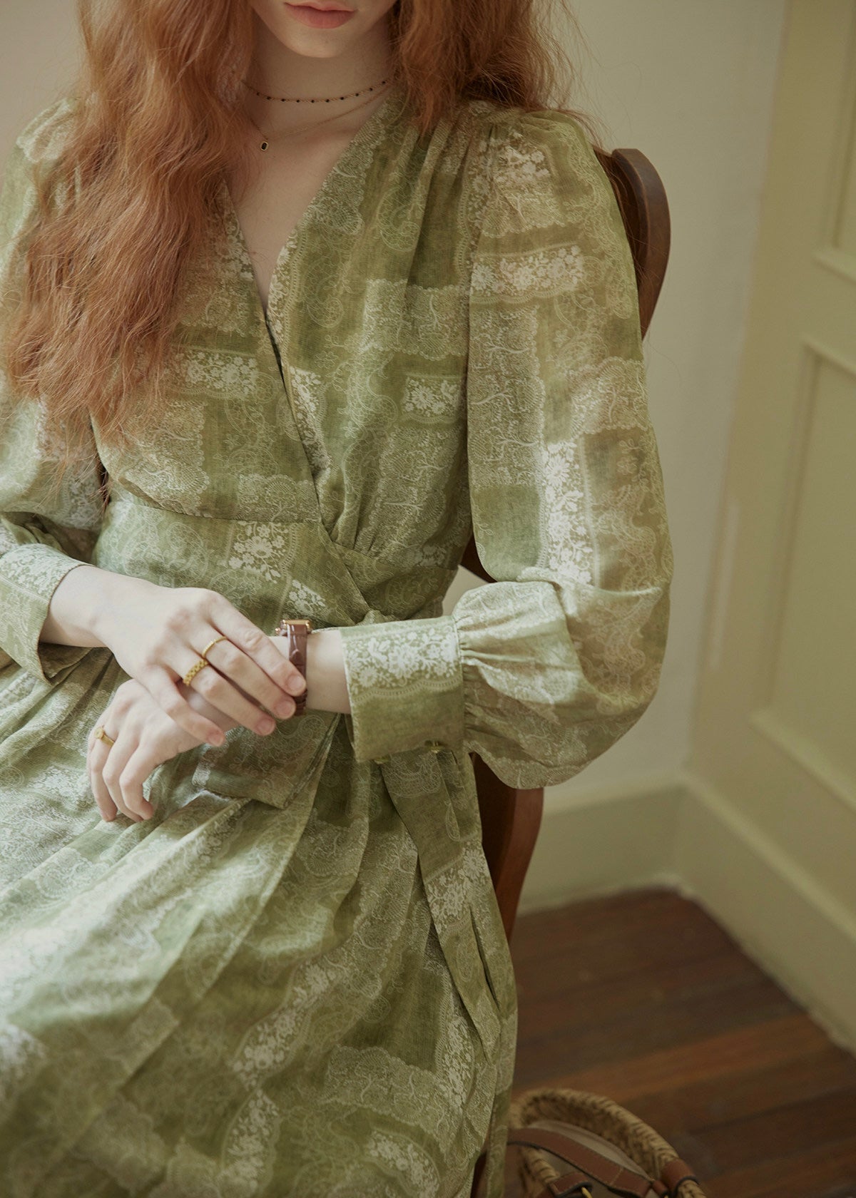 Vintage Sage Green Floral Wrap Maxi Dress