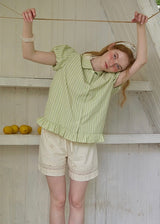 Liora Mint Stripe Puff Sleeve Ruffle Hem Blouse