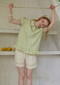 Liora Mint Stripe Puff Sleeve Ruffle Hem Blouse