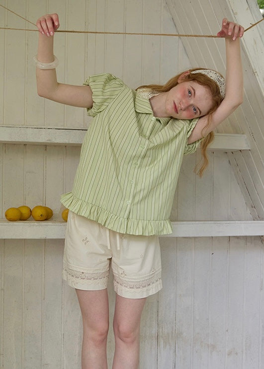 Liora Mint Stripe Puff Sleeve Ruffle Hem Blouse