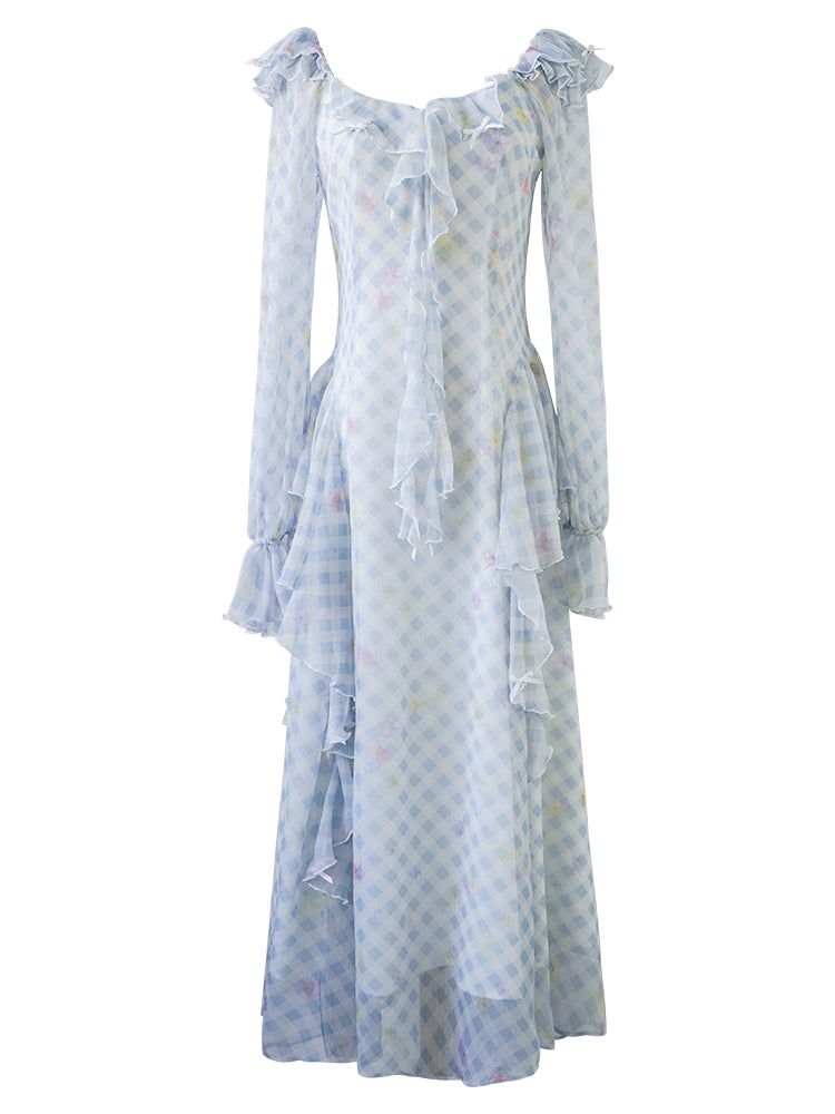 Pastel Ribbon Days Dress | Vintage Gingham Ruffle Long Dress