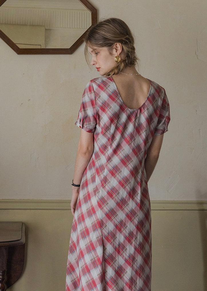 Pink Plaid Ruched Summer Dress