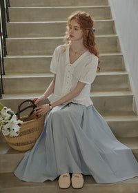 Classic Puff Sleeve Ruffle Button Blouse