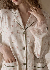 Rose Lace Trim Cream Beige Vintage Pajama Set Nightwear