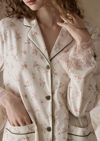 Rose Lace Trim Cream Beige Vintage Pajama Set Nightwear