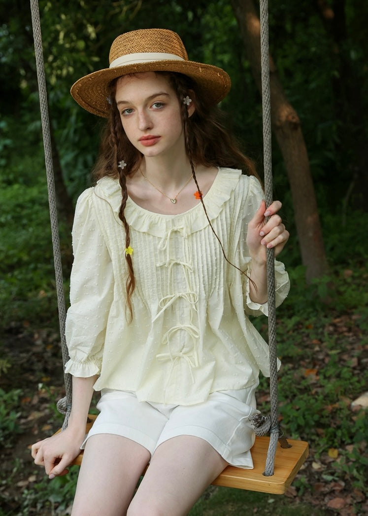 Light Yellow Ribbon Pin-tuck Romantic Vintage Blouse