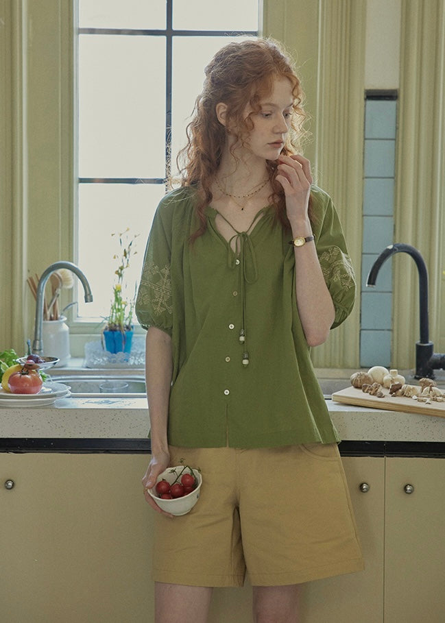 Willow Garden Embroidered Blouse | Romantic Green Cotton Shirt