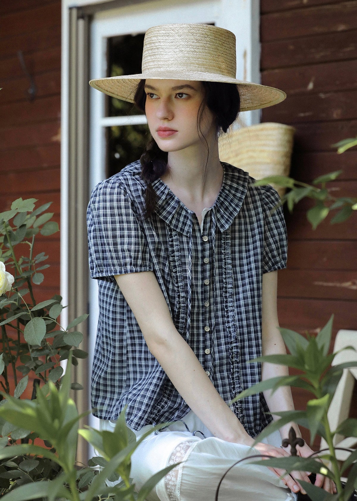Midnight Check Ruffle Collar Short Sleeve Blouse