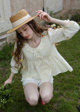 Light Yellow Ribbon Pin-tuck Romantic Vintage Blouse