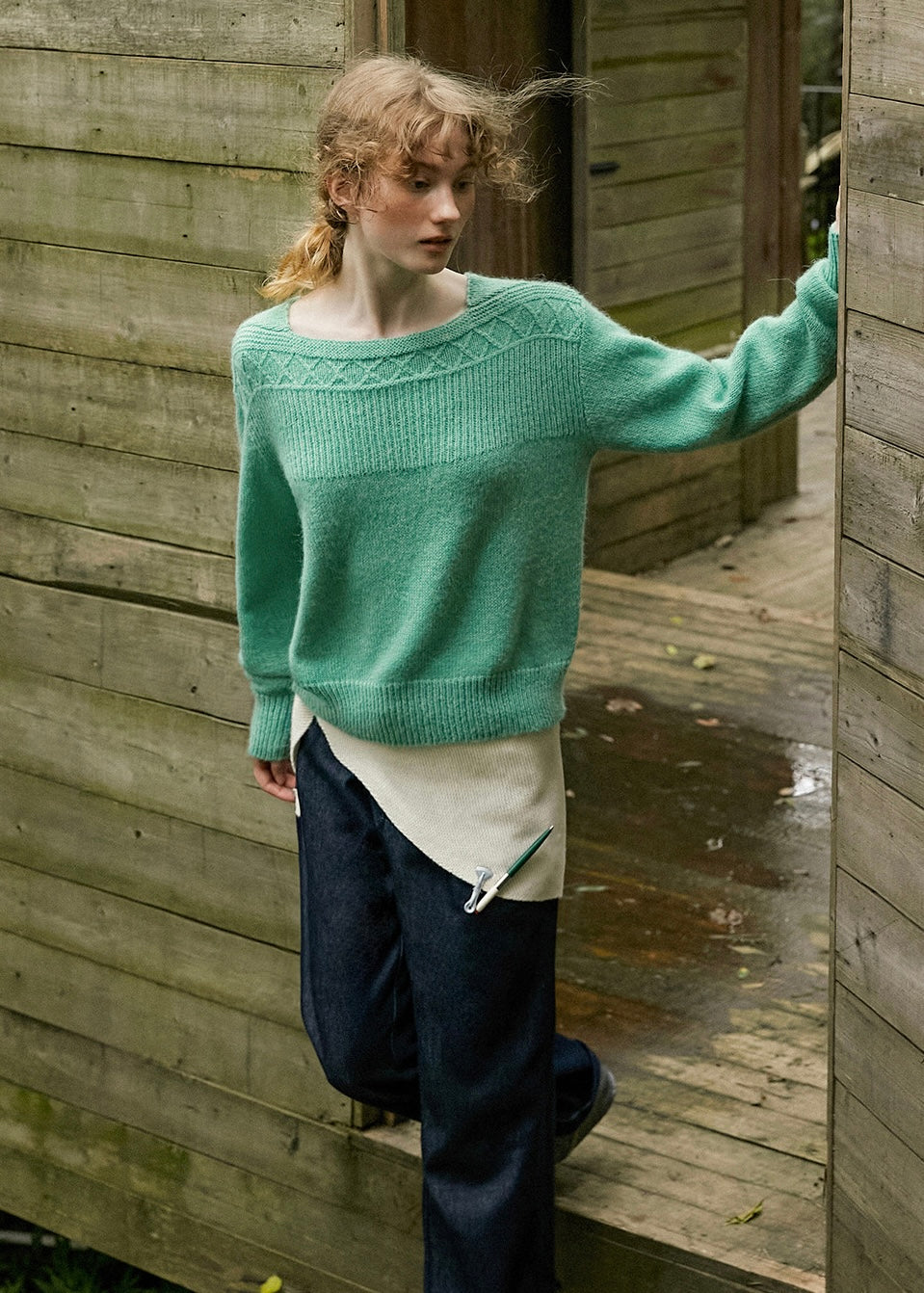 Mint Meadow Jacquard Knit Boat Neck Vintage Sweater